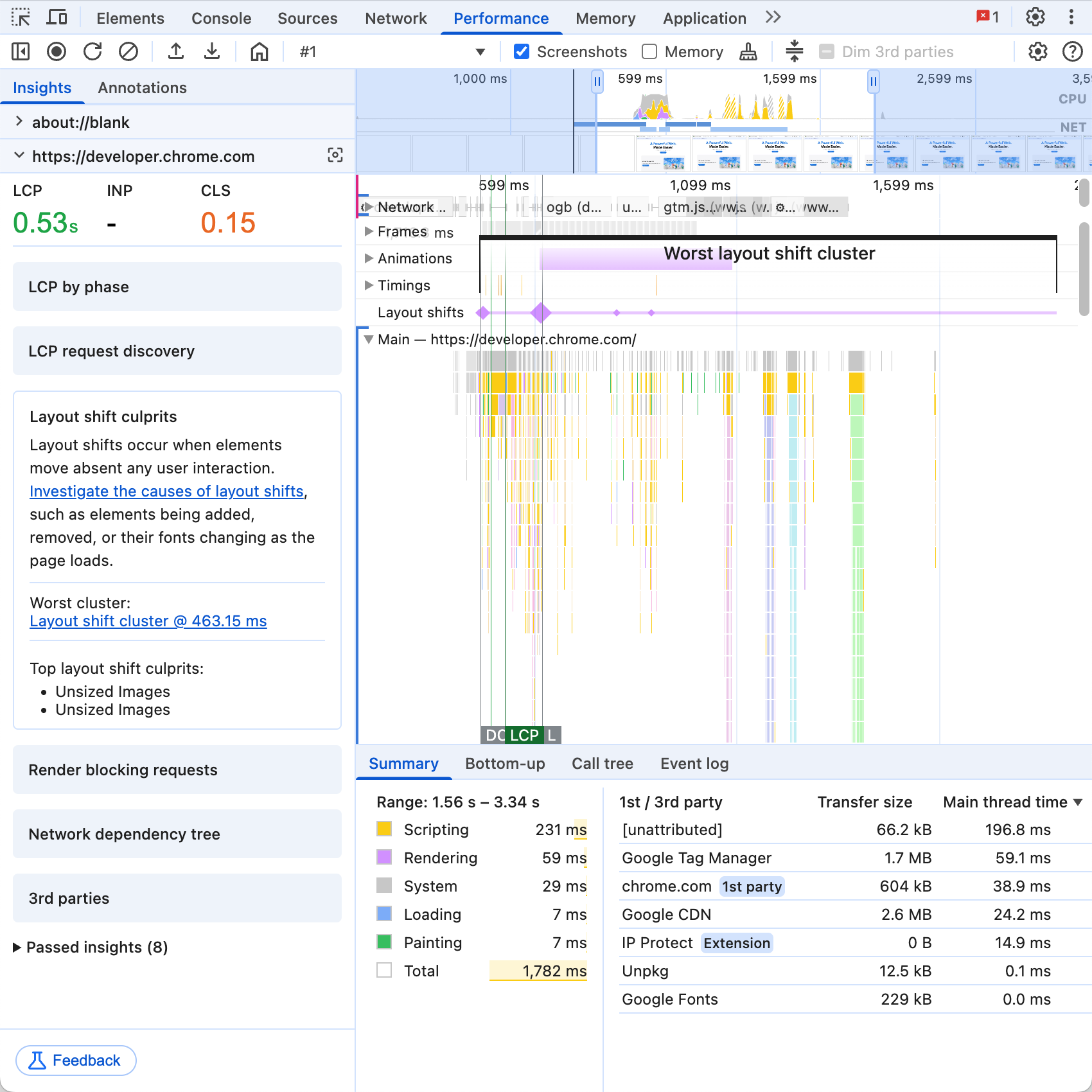 The DevTools Performance panel with the Insights sidebar on the left, showing a list of insights for the trace